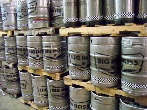 Kegs stacked on the wall