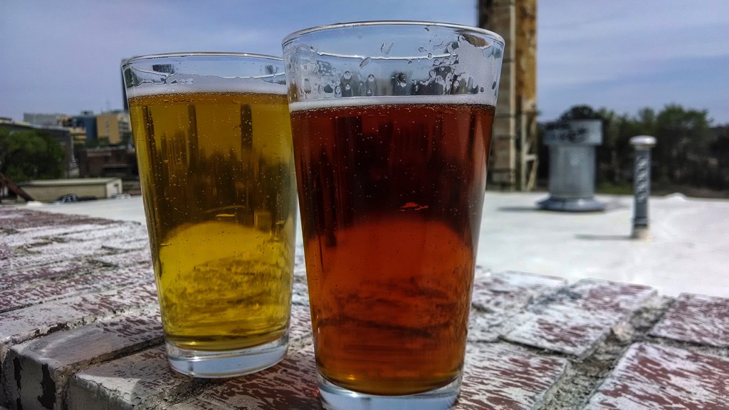 Two beers on the patio at Boylan Bridge Brewpub