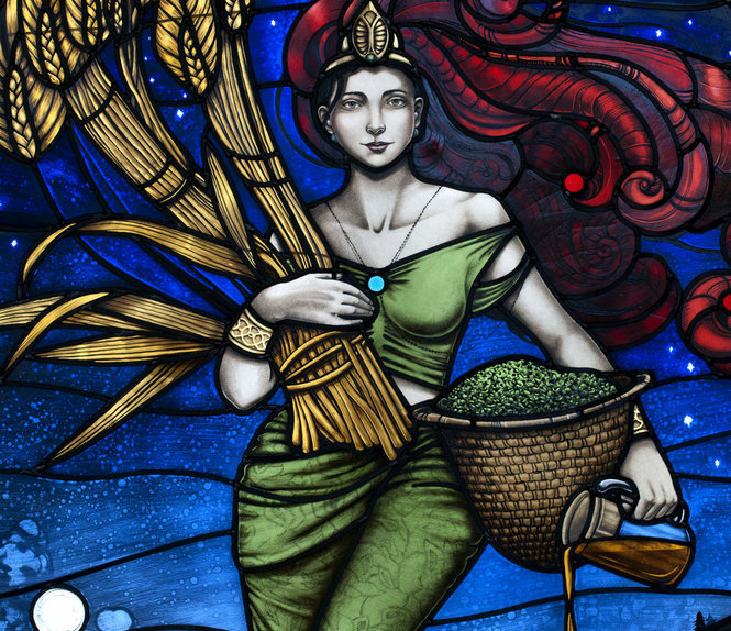 Stain glass image featuring Ninkasi designed by ArtGlass and featured at Founders Brewing