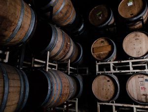 Old barrels line the walls at California's Phantom Carriage Brewery