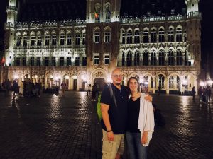 Scott Davis and his wife on the streets at night in Brussels