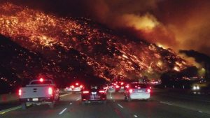 Fire on the hillside like lava near highway 405 in California