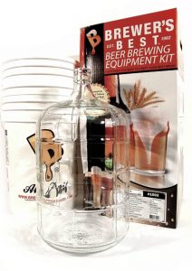 Homebrew kit with bottles and kettles.