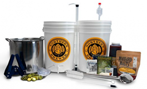 A simple homebrew kit with buckets and grain.