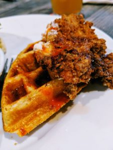 Crispy fried chicken and a fluffy waffle at Page's Okra Grill