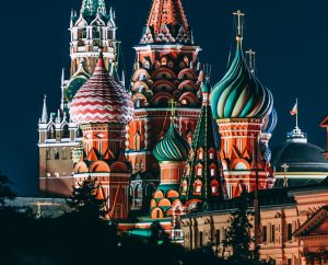 A colorful Kremlin at night.