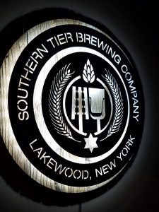 An illuminated sign at Southern Tier brewery in Lakewood, New York